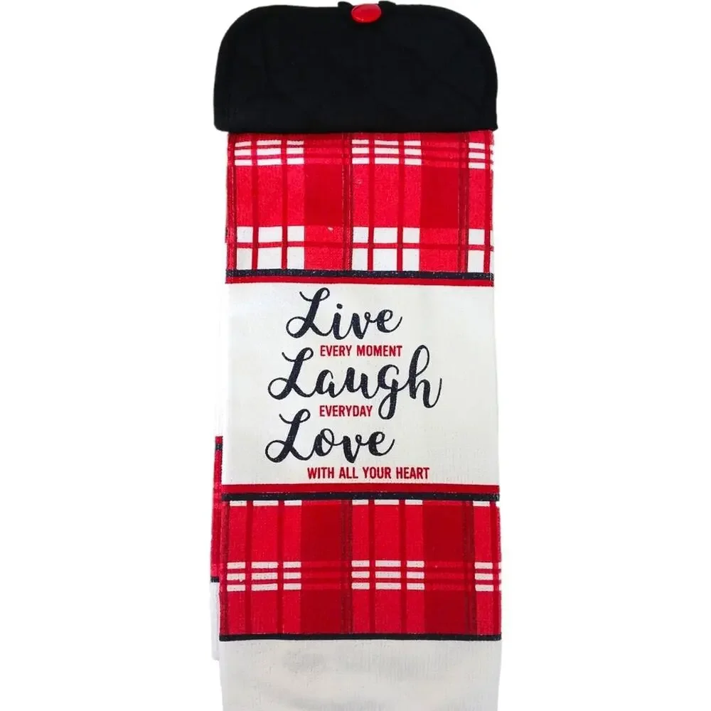 Live Love Laugh Kitchen Towel Home Decor Gift Red Black House Warming Handmade
